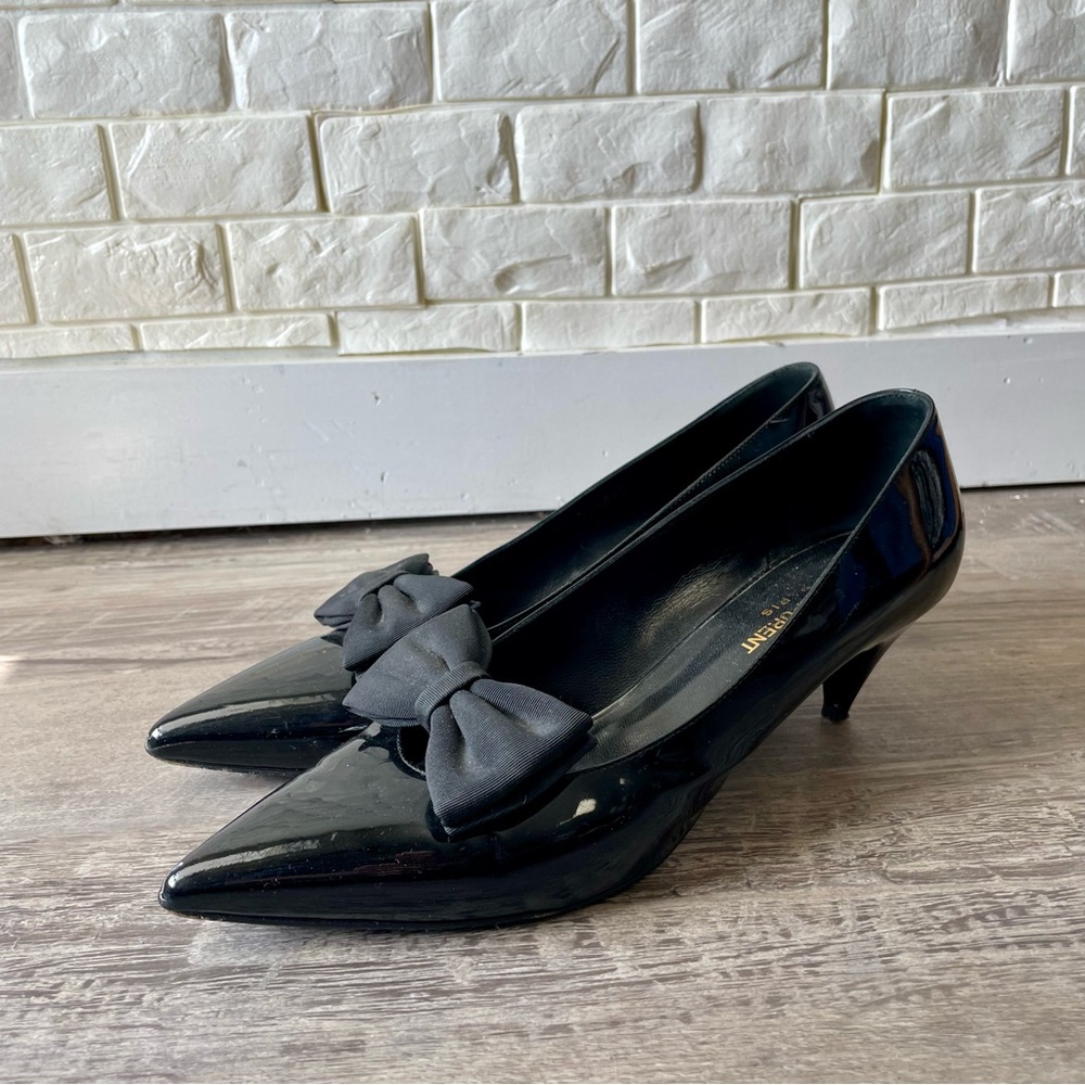 Yves Saint Laurent YSL Black Italian Patent Leather Bow Kitten Heel Size 40 - Picture 4 of 14